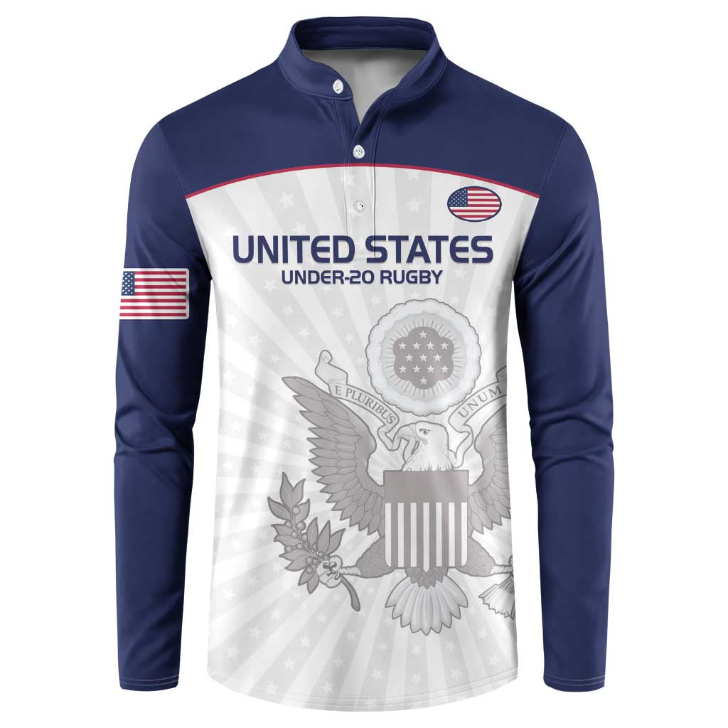 White panel rugby button sweatshirt with navy sleeves and US flag patch, Under-20 Rugby crest