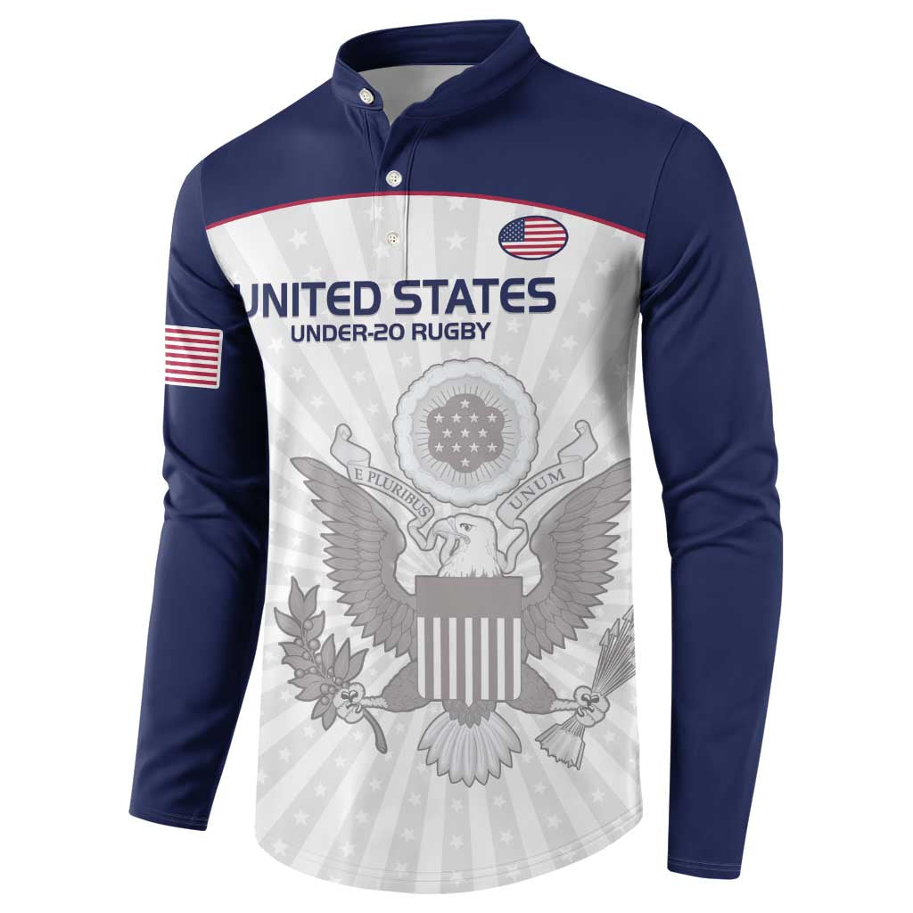 Navy and white rugby button sweatshirt with United States Under-20 Rugby crest