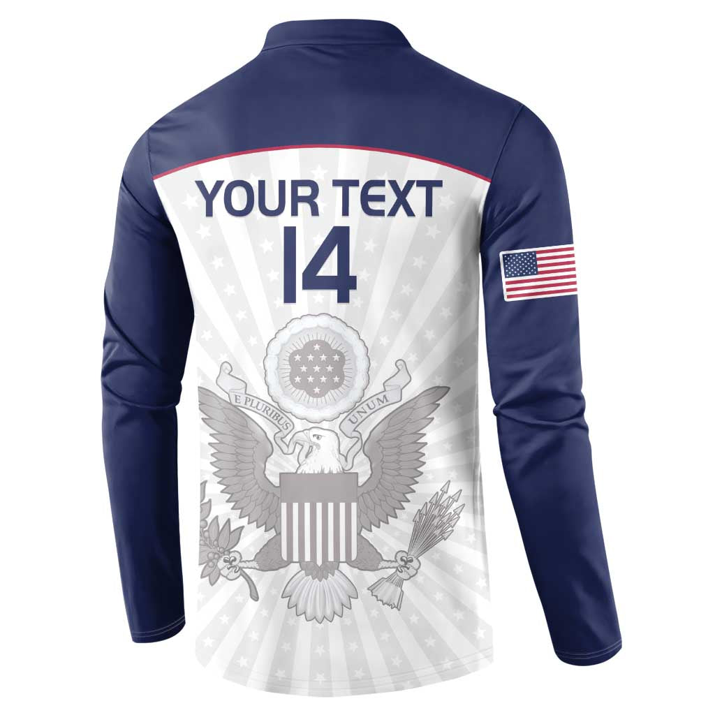 Navy and white rugby button sweatshirt back graphic with Your Text and number 14