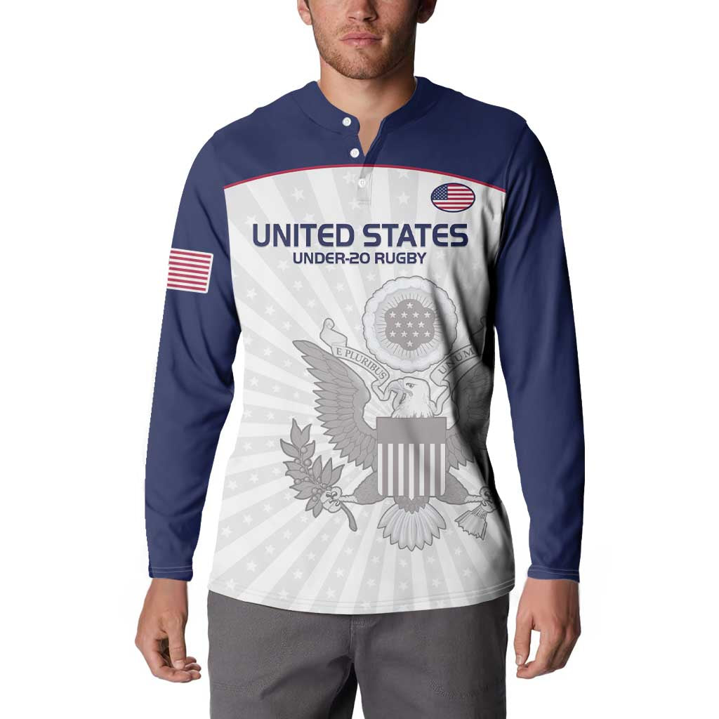 Navy and white rugby button sweatshirt front graphic with United States Under-20 Rugby