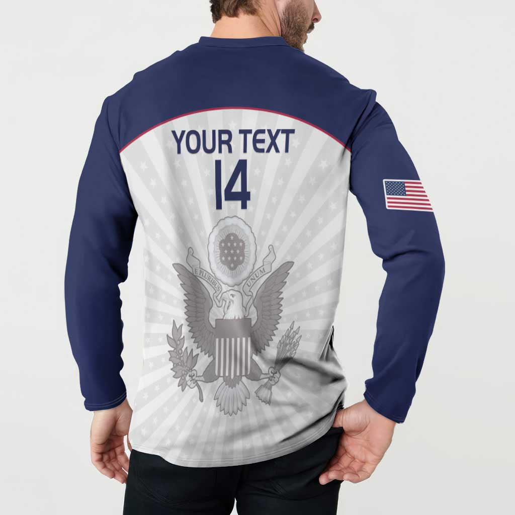 Navy and white rugby button sweatshirt, back graphic with Your Text and number 14