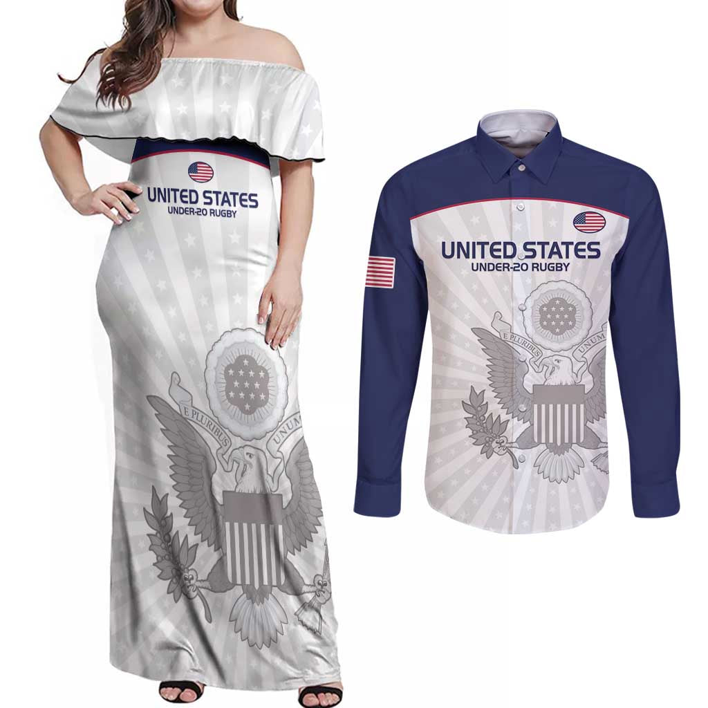 Custom United States Rugby Couples Matching Off Shoulder Maxi Dress and Long Sleeve Button Shirt 2024 Go Champions Eagles - Wonder Print Shop