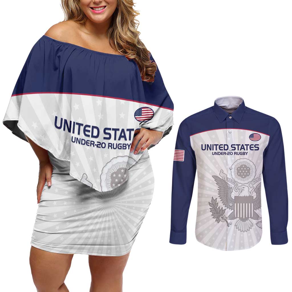 Custom United States Rugby Couples Matching Off Shoulder Short Dress and Long Sleeve Button Shirt 2024 Go Champions Eagles - Wonder Print Shop