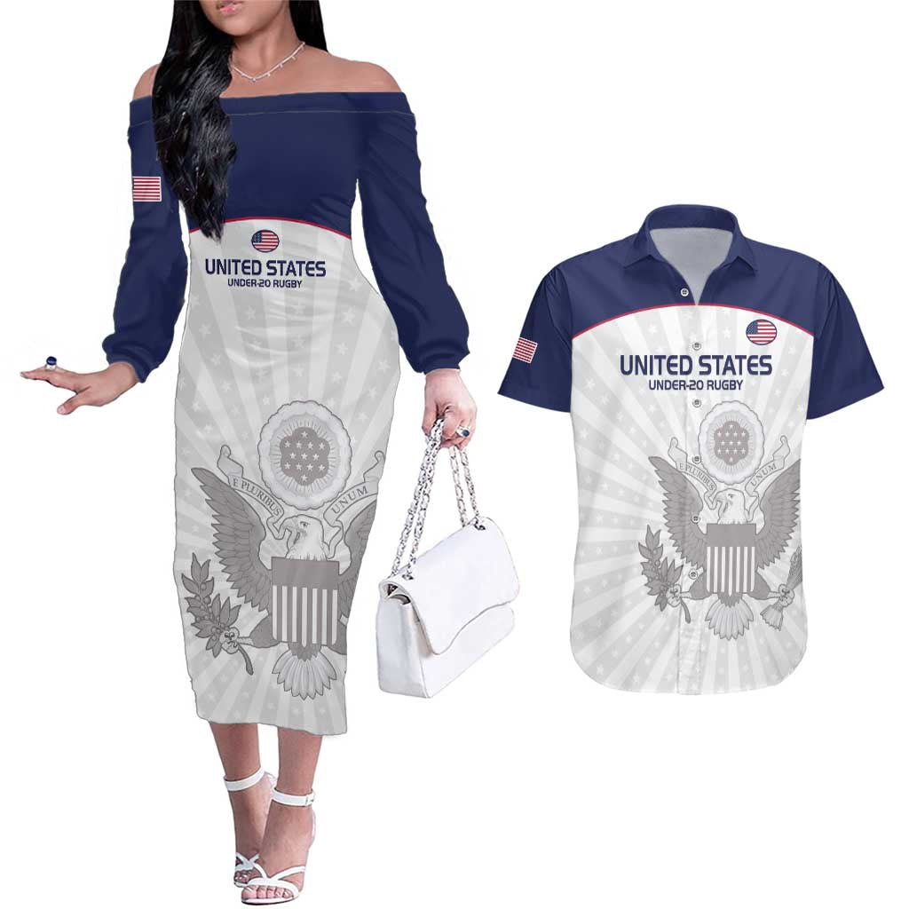 Custom United States Rugby Couples Matching Off The Shoulder Long Sleeve Dress and Hawaiian Shirt 2024 Go Champions Eagles - Wonder Print Shop