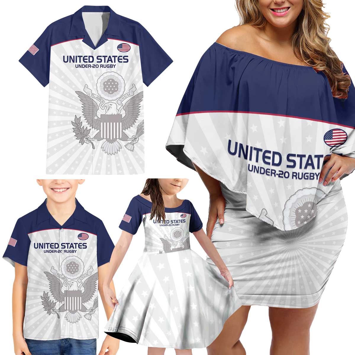 Custom United States Rugby Family Matching Off Shoulder Short Dress and Hawaiian Shirt 2024 Go Champions Eagles - Wonder Print Shop