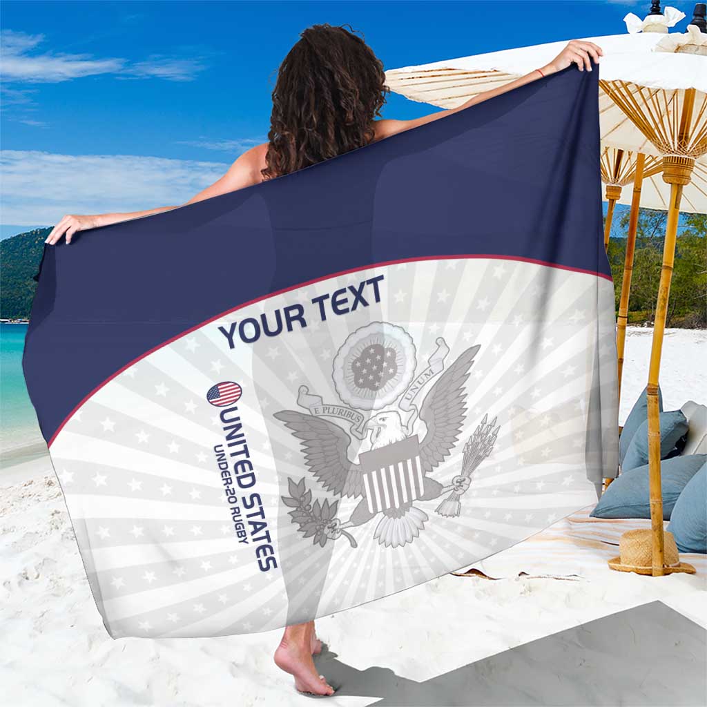 Navy and white eagle sarong with red stripe, 'YOUR TEXT' banner, and stars