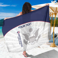 Navy and white eagle sarong with red stripe, 'YOUR TEXT' banner, and stars