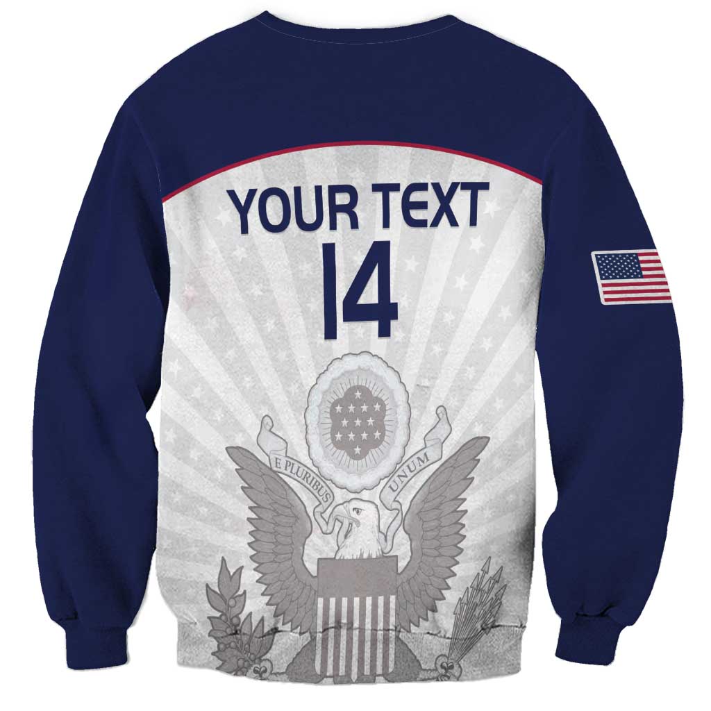 Unisex navy rugby sweatshirt with white back graphic, "YOUR TEXT 14", eagle crest, US flag