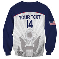Unisex navy rugby sweatshirt with white back graphic, "YOUR TEXT 14", eagle crest, US flag