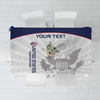 Custom tablecloth featuring blue top band, United States eagle emblem and banner text area