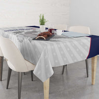 White custom tablecloth with navy side border and repeating star pattern with eagle
