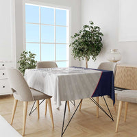 White custom tablecloth with blue side border stripe and patriotic eagle print