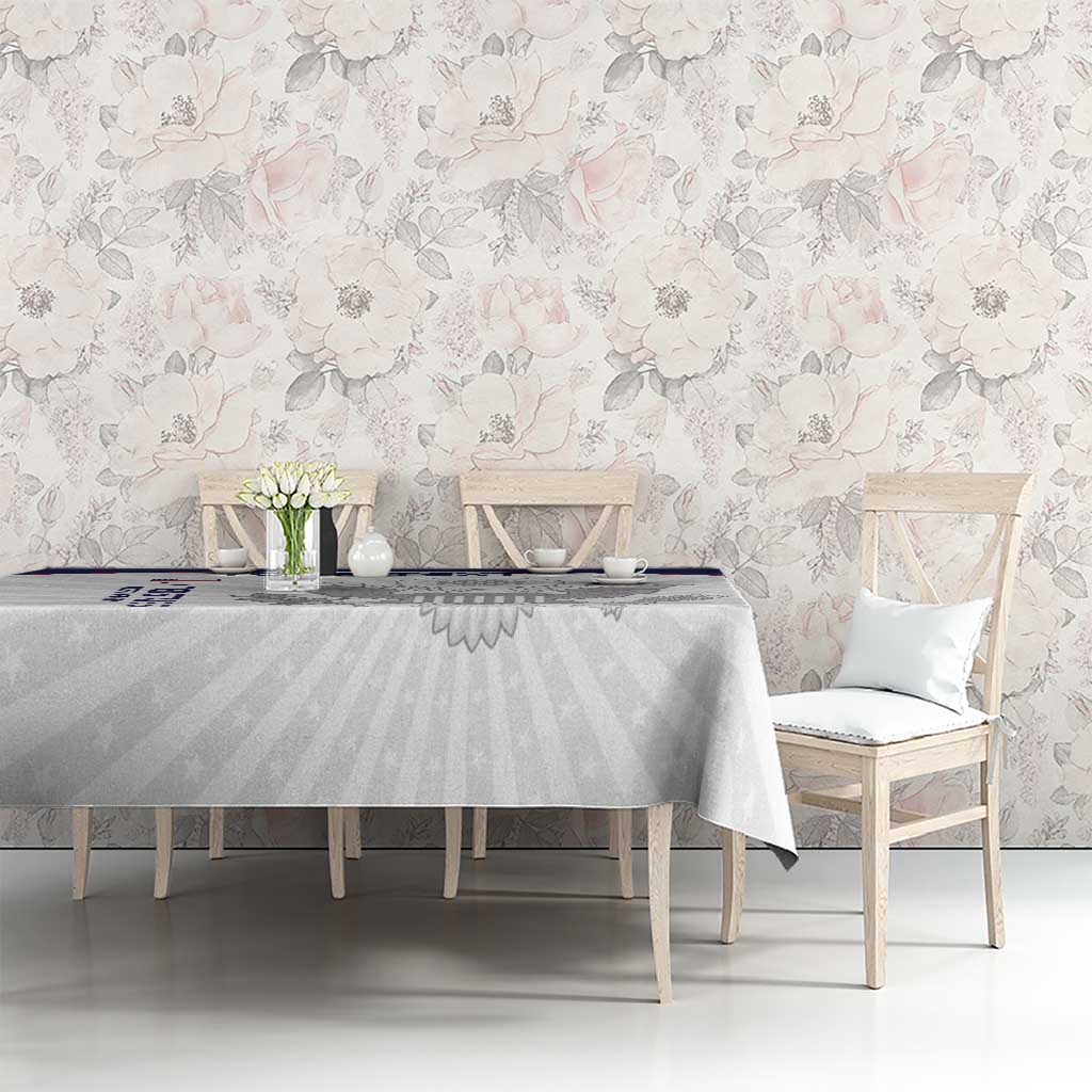 White custom tablecloth with blue edge stripe and patriotic eagle graphic detail