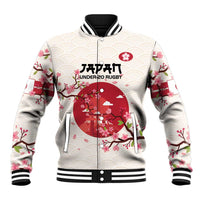 White varsity-style rugby baseball jacket with cherry blossom and sunburst print, zip front
