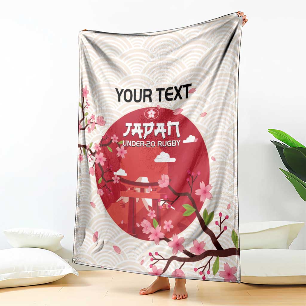 Personalized rugby blanket hanging, white waves with red cherry blossom rugby emblem