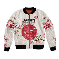 White zip-up bomber jacket with black ribbed collar and cuffs, cherry blossom graphic