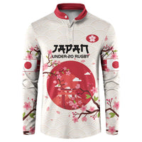 White rugby button sweatshirt with red collar and cherry blossom torii landscape print