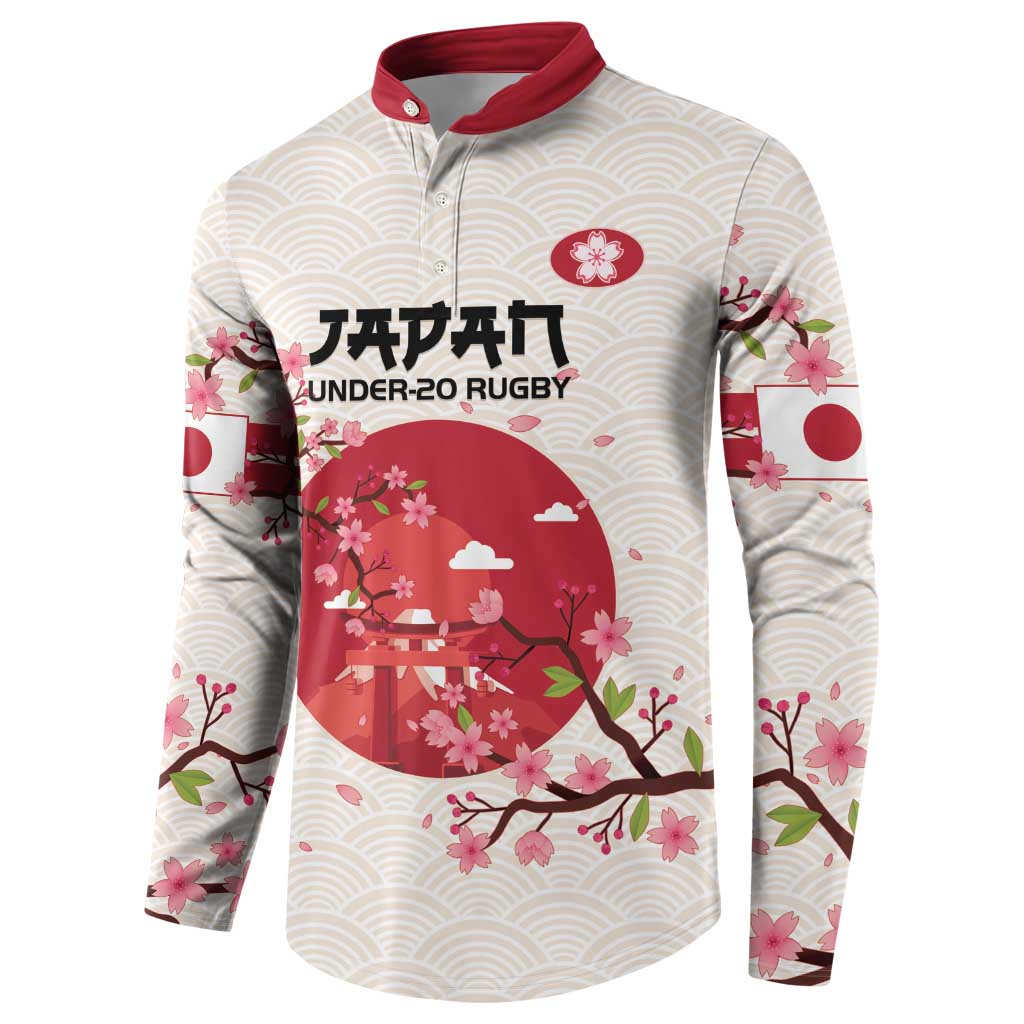 White rugby button sweatshirt with red collar and cherry blossom torii scene graphic