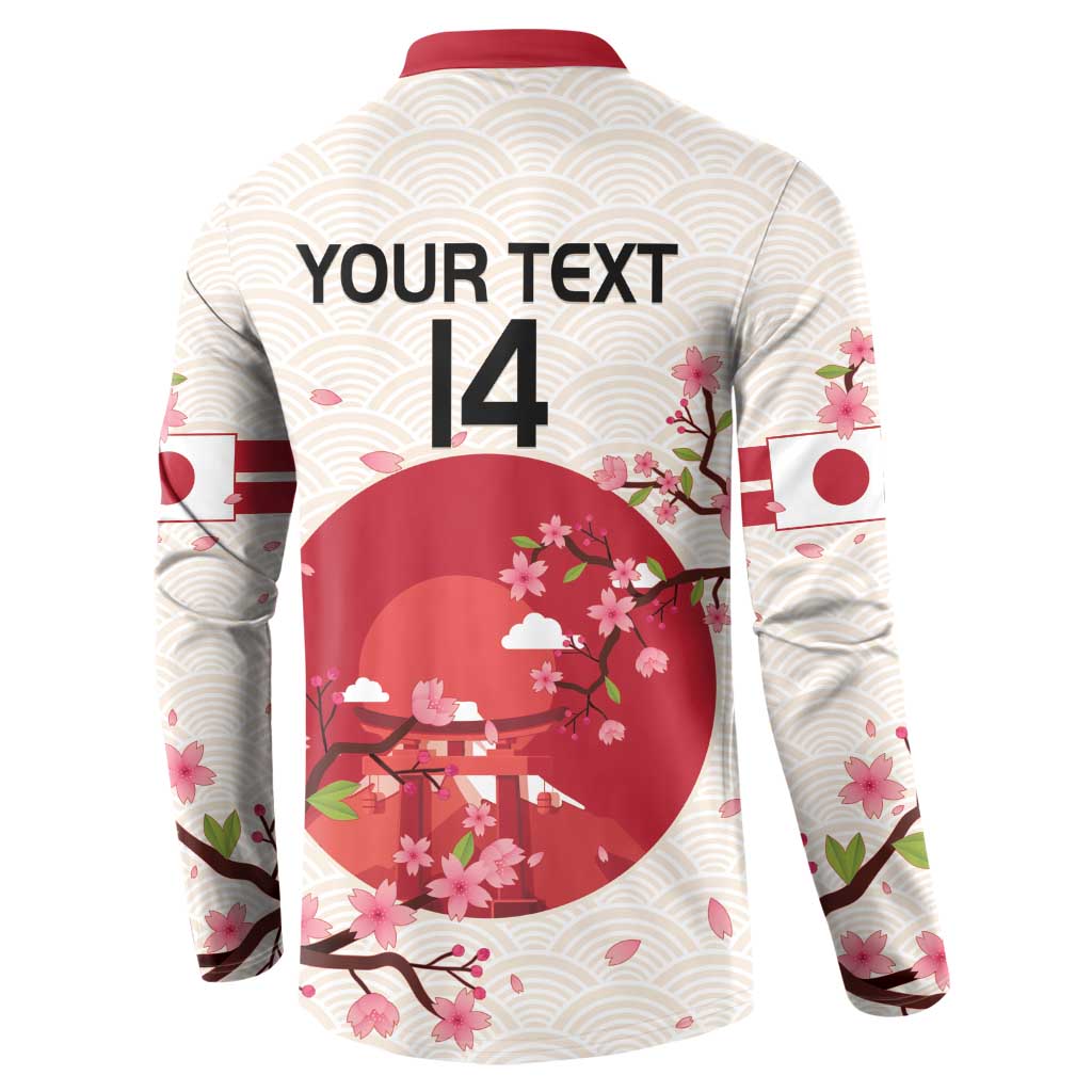 White rugby button sweatshirt back with “YOUR TEXT 14” and cherry blossom graphic
