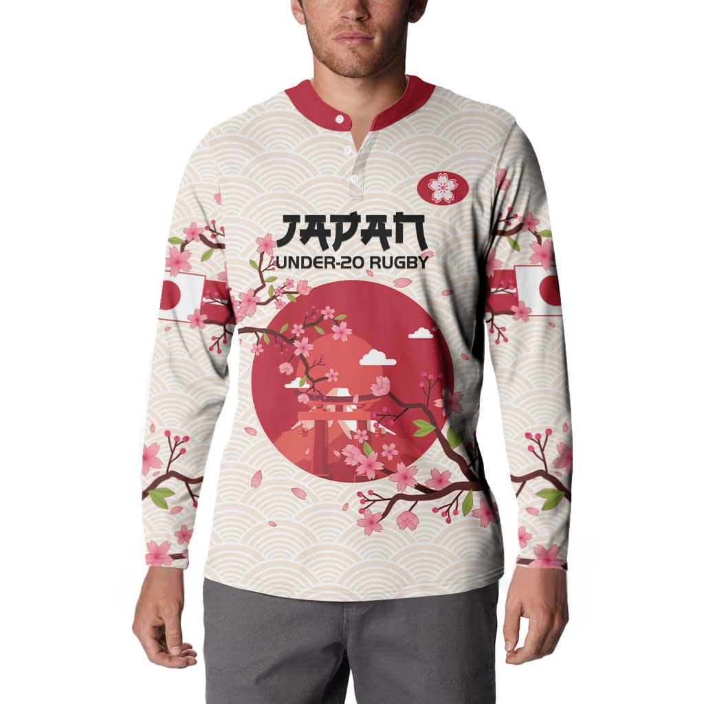White rugby button sweatshirt with red collar, cherry blossom print, torii graphic