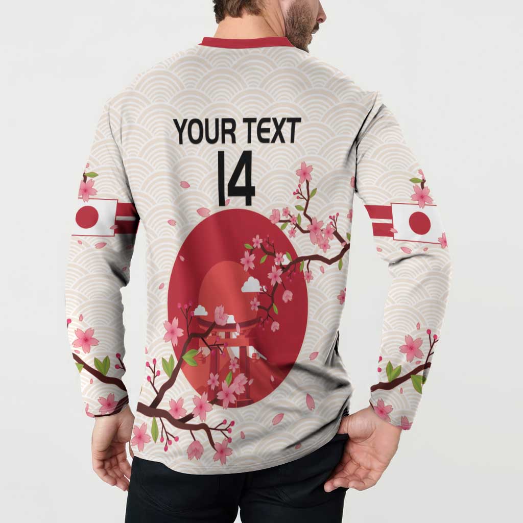 White rugby button sweatshirt back with “YOUR TEXT 14” over cherry blossom and torii