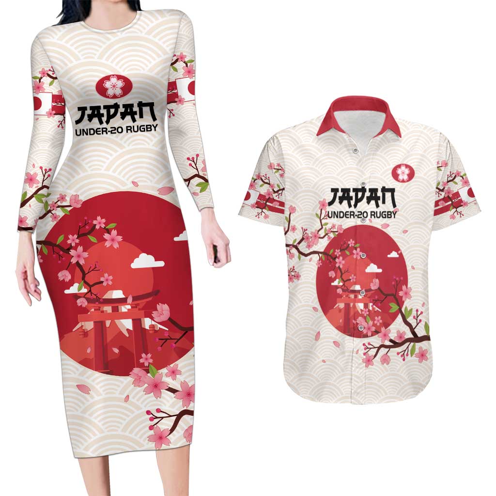 Custom Japan Rugby Couples Matching Long Sleeve Bodycon Dress and Hawaiian Shirt 2024 Go Champions Cherry Blossoms - Wonder Print Shop