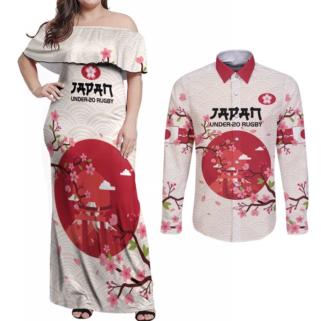 Custom Japan Rugby Couples Matching Off Shoulder Maxi Dress and Long Sleeve Button Shirt 2024 Go Champions Cherry Blossoms - Wonder Print Shop