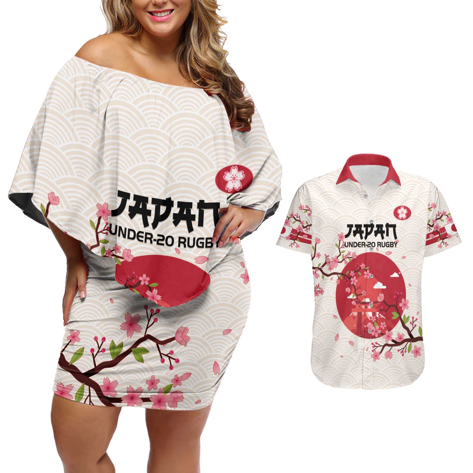 Custom Japan Rugby Couples Matching Off Shoulder Short Dress and Hawaiian Shirt 2024 Go Champions Cherry Blossoms - Wonder Print Shop