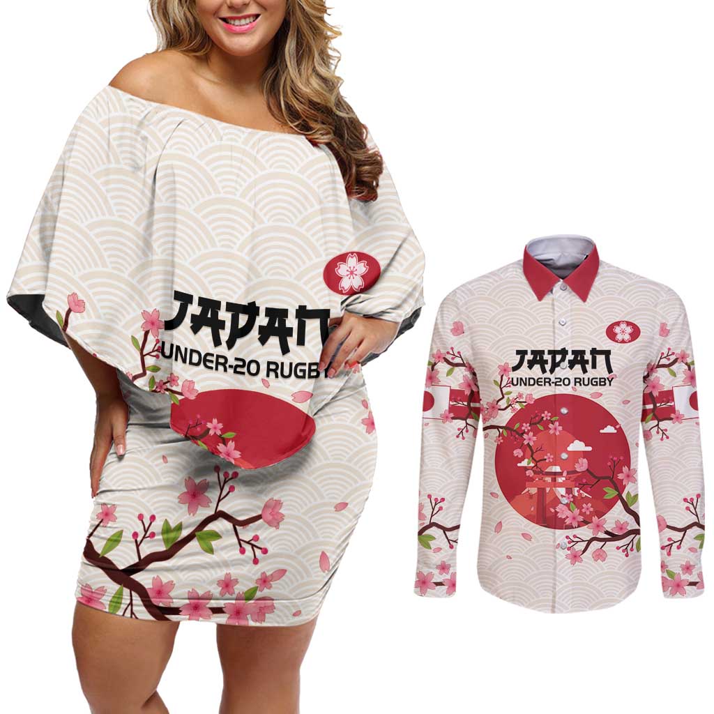 Custom Japan Rugby Couples Matching Off Shoulder Short Dress and Long Sleeve Button Shirt 2024 Go Champions Cherry Blossoms - Wonder Print Shop