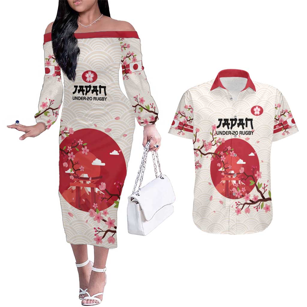 Custom Japan Rugby Couples Matching Off The Shoulder Long Sleeve Dress and Hawaiian Shirt 2024 Go Champions Cherry Blossoms - Wonder Print Shop