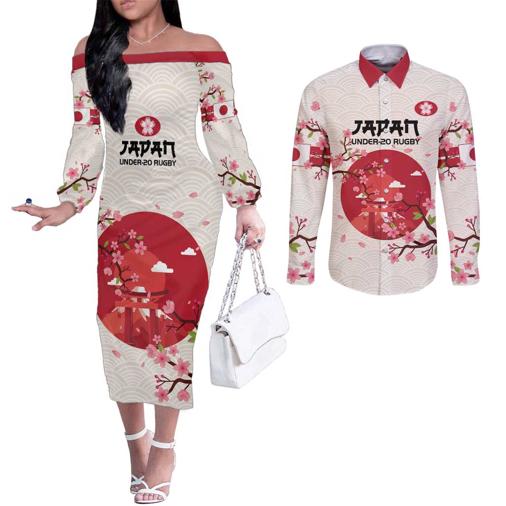 Custom Japan Rugby Couples Matching Off The Shoulder Long Sleeve Dress and Long Sleeve Button Shirt 2024 Go Champions Cherry Blossoms