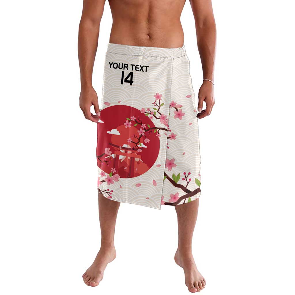 White cherry blossom print shorts with black 'YOUR TEXT 14' on front