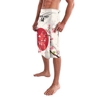 White cherry blossom print shorts with red circle sun and side floral artwork