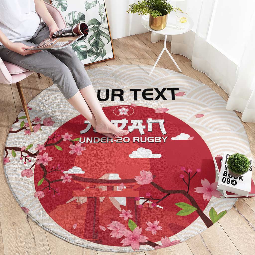 Round cherry blossom rugby rug with red landscape, pink flowers, and 'YOUR TEXT' header