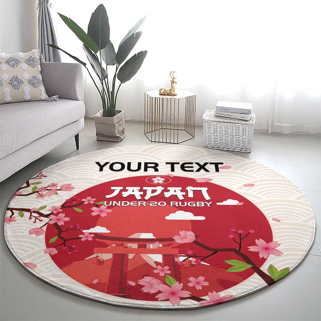 Round cherry blossom rug with cream striped edge, red torii scene, and 'UNDER-20 RUGBY' logo