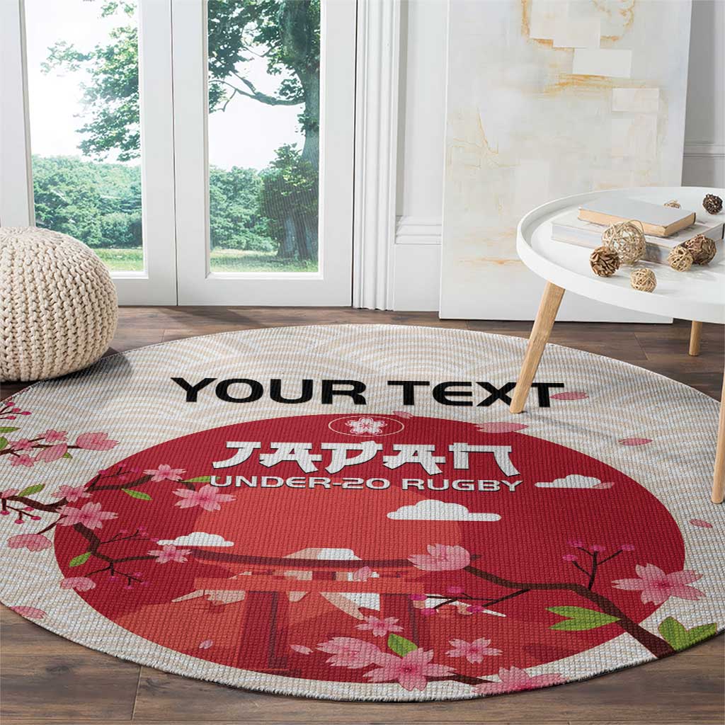 Round cherry blossom rug showing 'YOUR TEXT' over red 'UNDER-20 RUGBY' torii design