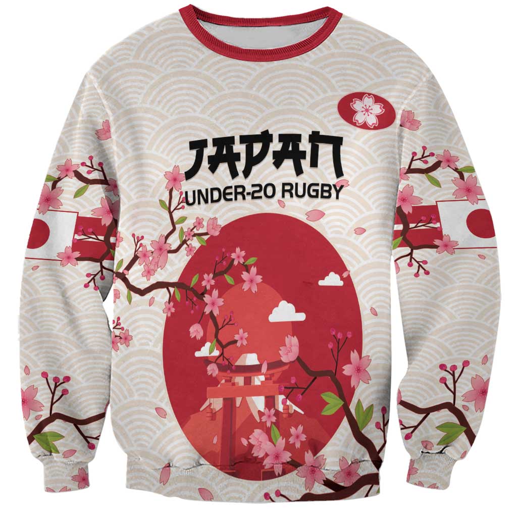 Crewneck sweatshirt with cherry blossom graphic, red landscape, JAPAN UNDER-20 RUGBY text