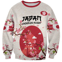 Crewneck sweatshirt with cherry blossom graphic, red landscape, JAPAN UNDER-20 RUGBY text