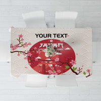 White tablecloth with cherry blossoms, branch pattern, and red rugby emblem with YOUR TEXT