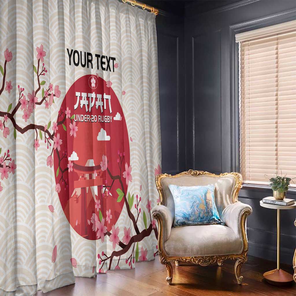 White and beige window curtain with striped top, cherry blossom branches, red rugby panel.
