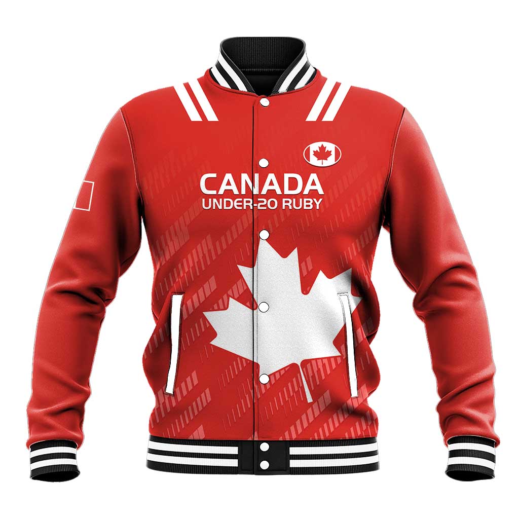 Red rugby baseball jacket with white-striped ribbed collar, snap front, Canada maple leaf graphic