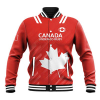 Red rugby baseball jacket with white-striped ribbed collar, snap front, Canada maple leaf graphic