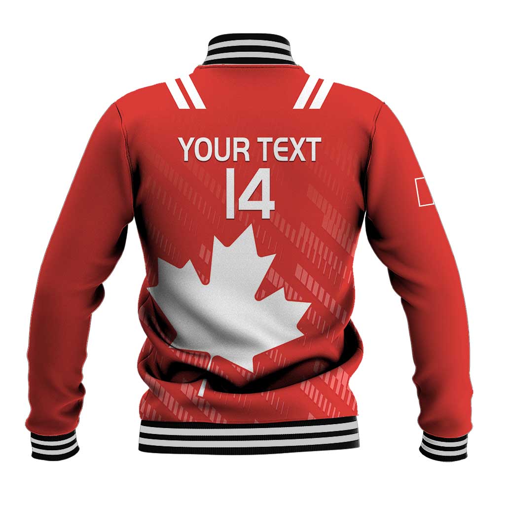 Red rugby baseball jacket back with white number 14 and maple leaf graphic, striped ribbed hem