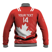Red rugby baseball jacket back with white number 14 and maple leaf graphic, striped ribbed hem
