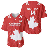 Red Canada under-20 rugby jerseys front and back, maple leaf, V-neck, button plackets