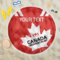 Red round beach blanket with white fringe, Canada Under-20 Rugby maple leaf, “YOUR TEXT”