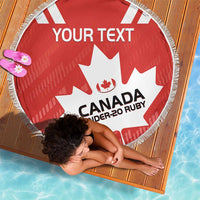 Red round beach blanket with white fringe, Canada Under-20 Rugby maple leaf design