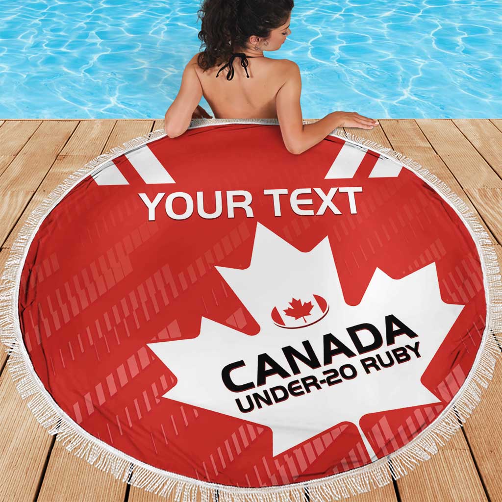 Red round beach blanket with white fringe, Canada Under-20 Rugby maple leaf, “YOUR TEXT”