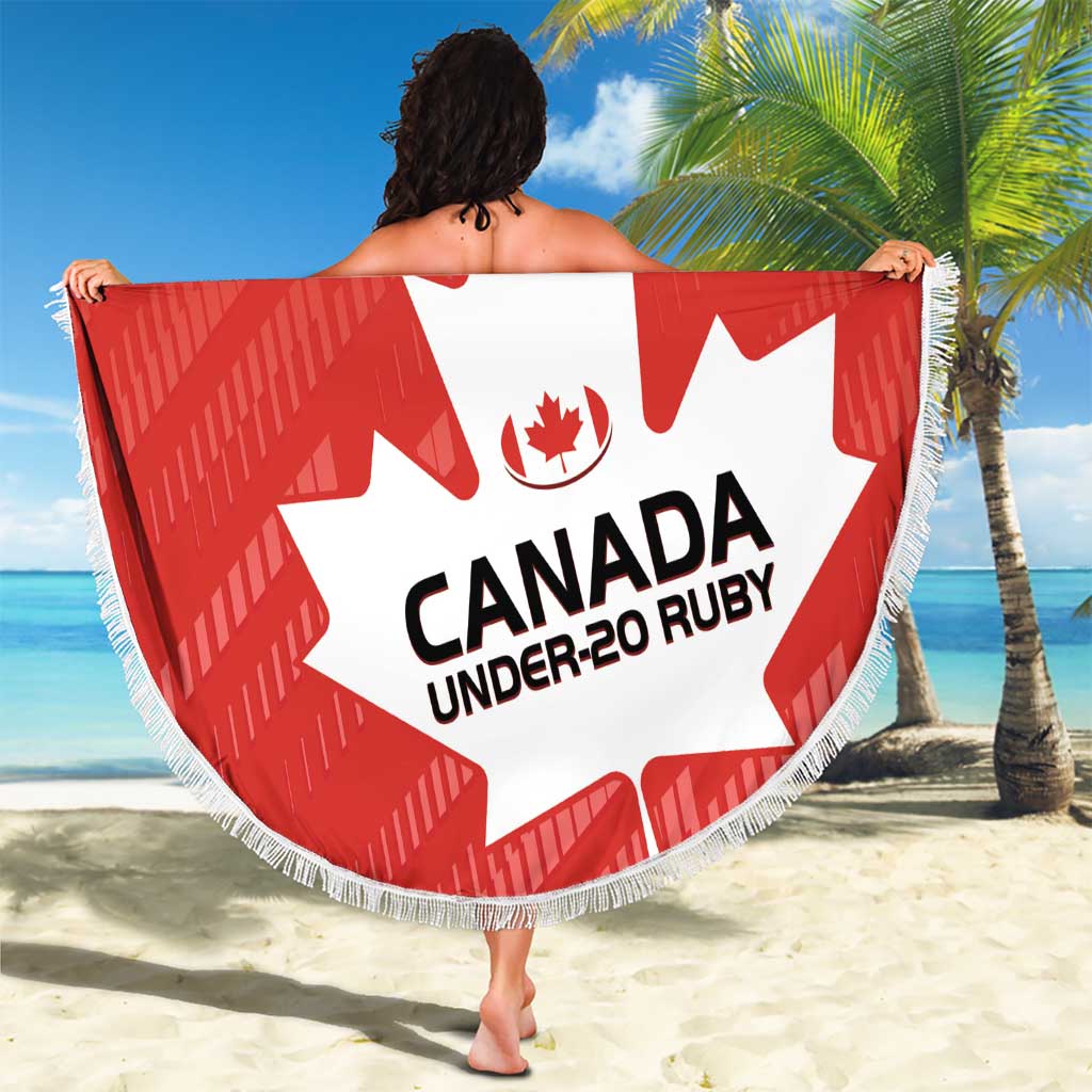 Red round beach blanket with white fringe, Canada Under-20 Rugby maple leaf emblem