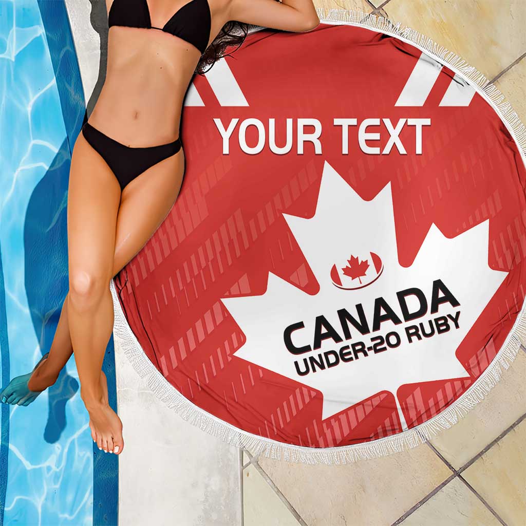 Red round beach blanket with white fringe, Canada Under-20 Rugby maple leaf, “YOUR TEXT”